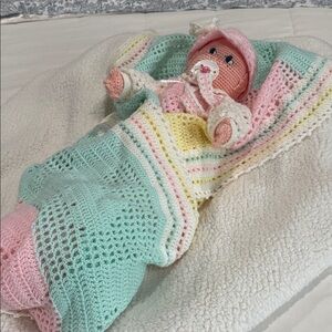 Handcrafted Crochet Baby Doll with Pink Outfit And Matching Homemade Heart.